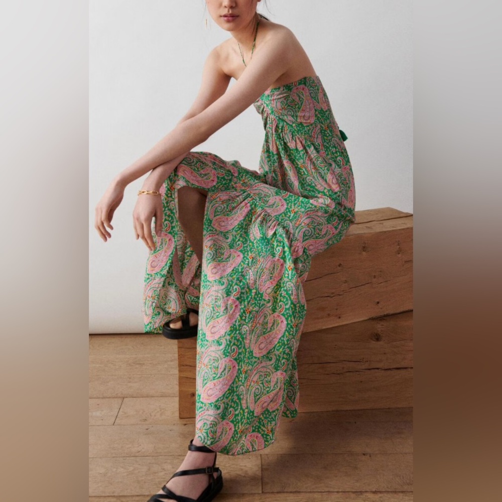 NEW BA&SH Omy Paisley Strapless Cotton Maxi Dress. M/L. Green Pink Print - Picture 2 of 6